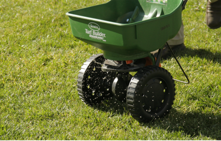 Broadcast lawn spreader in use